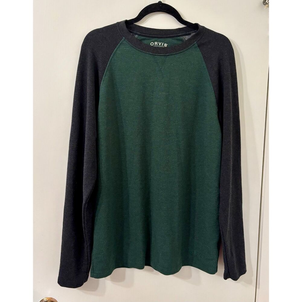Orvis Men Size Medium Green/Black Heathered Raglan Long Sleeve Pullover Crewneck